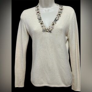 Vintage Rhinestone Embellished Cashmere V-Neck Sweater